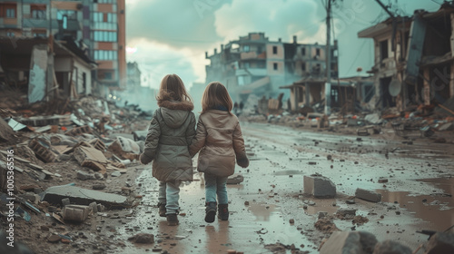  Homeless Children Walking in Destroyed City Amid Military Attack with Soldiers, Helicopters, and Tanks