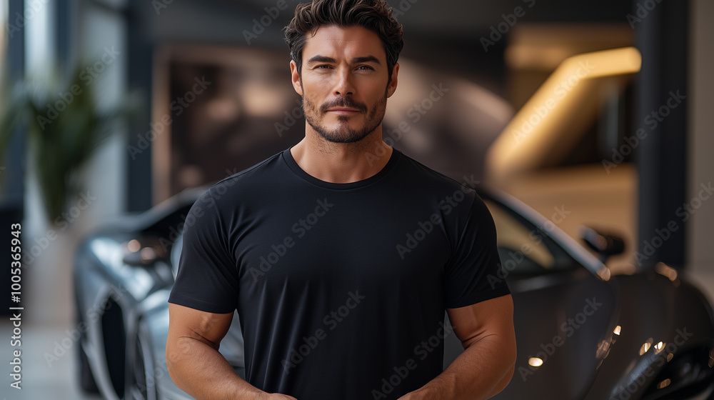 Black T-Shirt Displayed by Model with Supercar at Racing Track Studio Black T-Shirt Displayed by Model with Supercar at Racing Track Studio