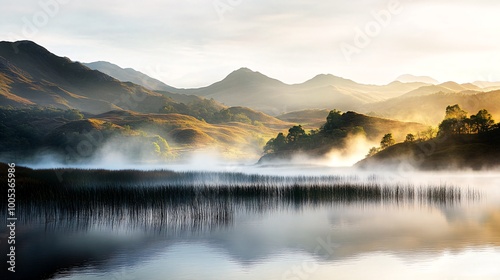 Misty morning sunrise over a still lake in a valley with hills in the background.