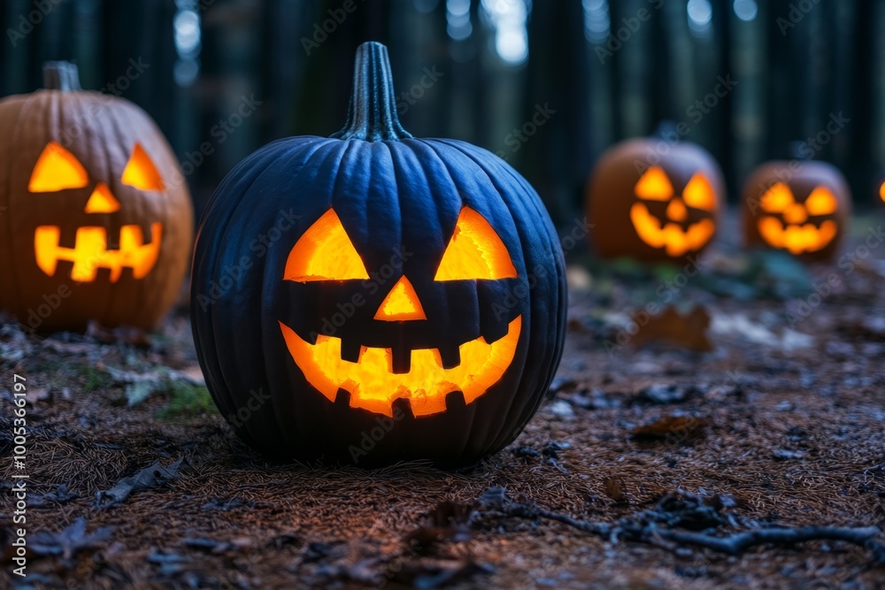 A spooky Halloween trail lined with jack-o'-lanterns, their eerie faces glowing as visitors walk through a haunted forest. A spooky Halloween trail lined with jack-o'-lanterns, their eerie faces glowing as visitors walk through a haunted forest.