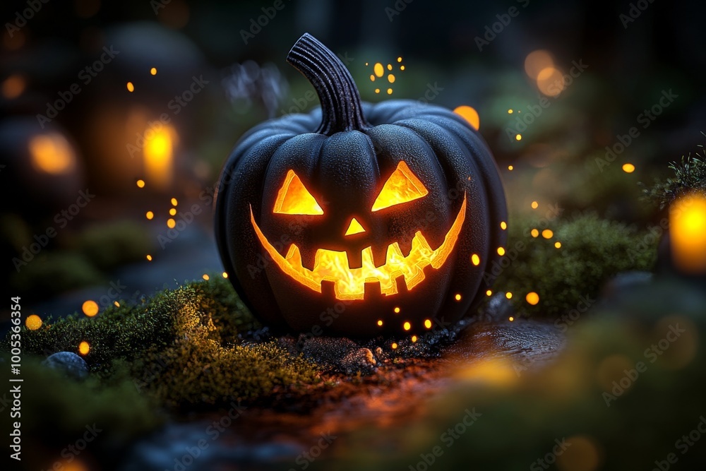 Fototapeta premium A spooky jack-o'-lantern with glowing, enchanted flames inside, set in a mystical landscape where magic fills the air.