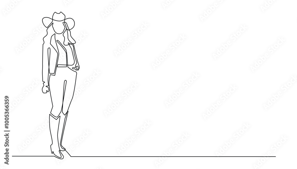continuous line of woman dressed as a cowboy.single line of fashion cowboy woman.cowboy woman in one line vector drawing continuous line of woman dressed as a cowboy.single line of fashion cowboy woman.cowboy woman in one line vector drawing