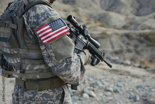 Soldier Holding Machine Gun with American National Flag Patriotic Military Hero in Camouflage Displaying USA Pride