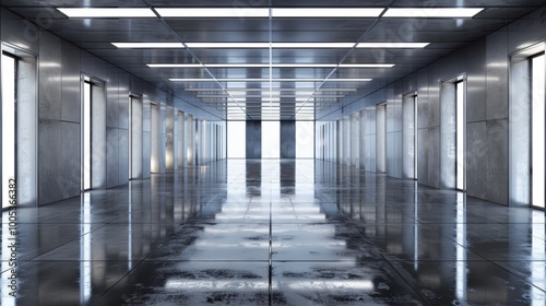 A Long, Empty Corridor with Grey Walls and a Shiny Floor