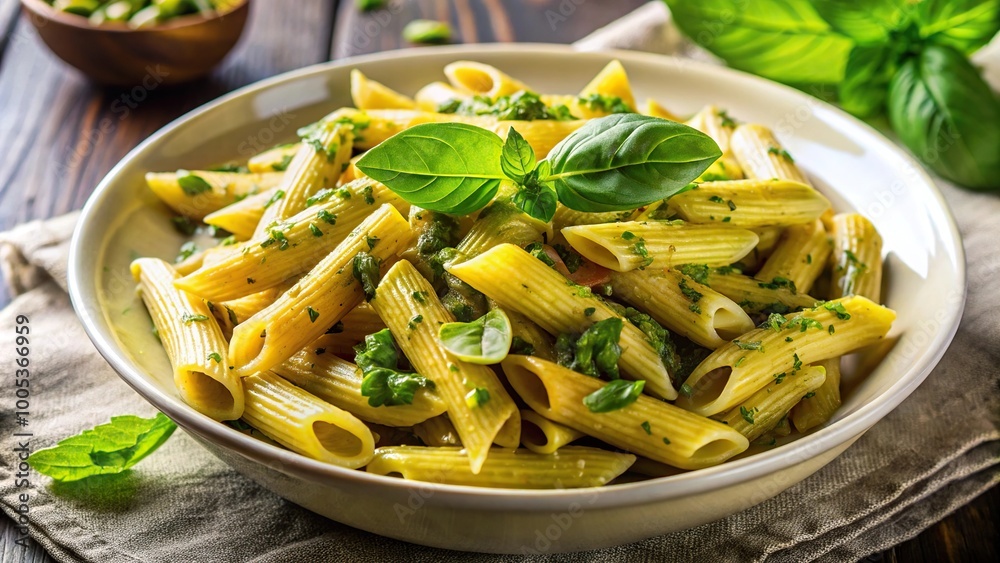 Reflected plate of penne pasta with pesto sauce, Italian cuisine Reflected plate of penne pasta with pesto sauce, Italian cuisine