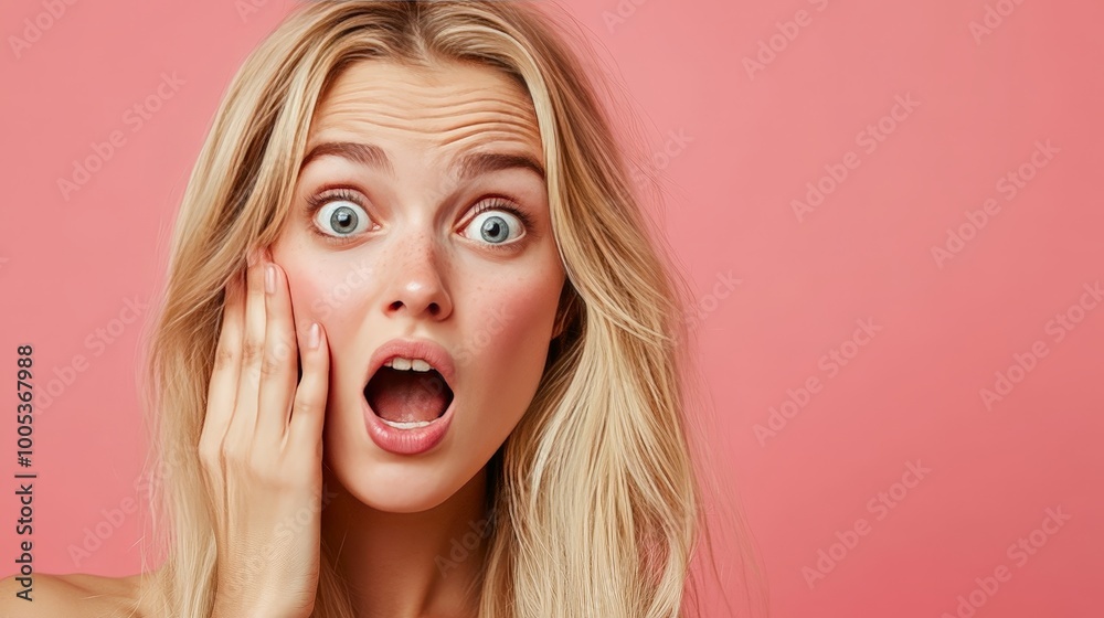A shocked blonde female placing her hand on her cheek, vividly expressing surprise and amazement through her facial expression A shocked blonde female placing her hand on her cheek, vividly expressing surprise and amazement through her facial expression