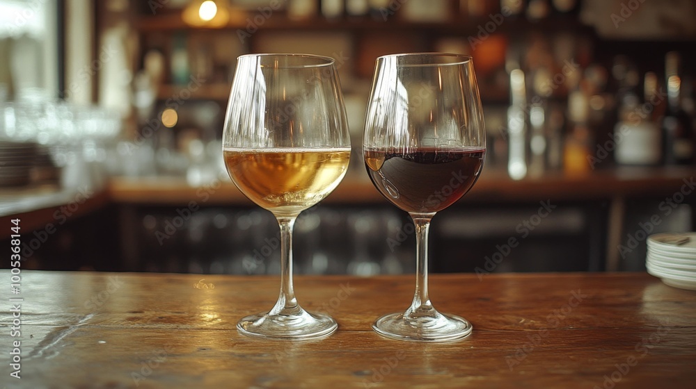 Two Glasses of Wine on a Wooden Table Generative AI