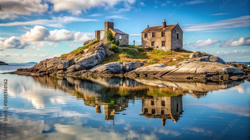 Reflecting rocky coast of abandoned building on island Reflecting rocky coast of abandoned building on island