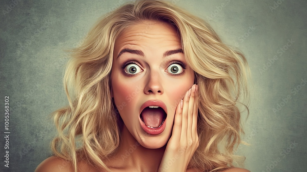 A shocked blonde woman with her hand on her cheek, her face full of surprise and unfiltered emotion A shocked blonde woman with her hand on her cheek, her face full of surprise and unfiltered emotion
