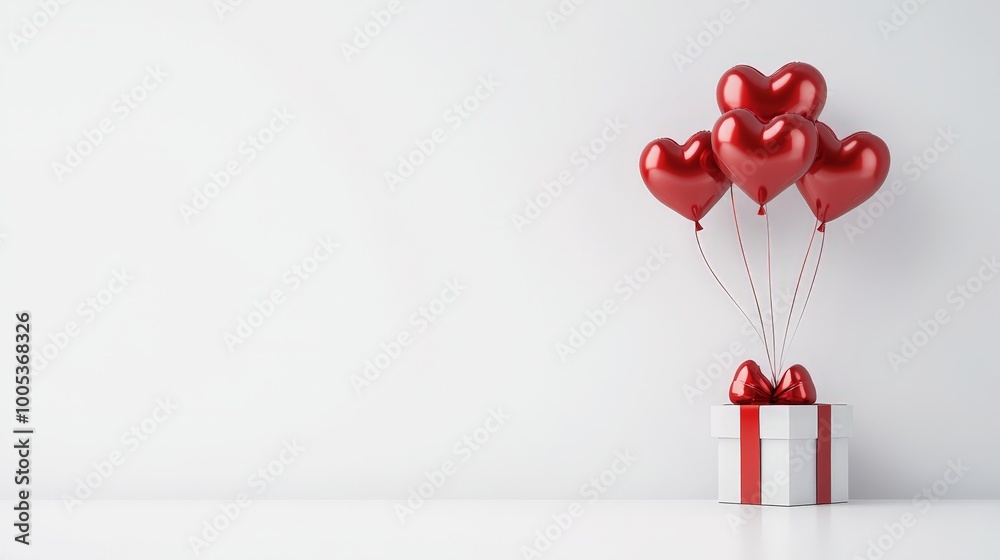 A simple yet romantic arrangement of red heart-shaped balloons and a gift box stands out beautifully against a minimalistic white backdrop, ideal for Valentine's Day