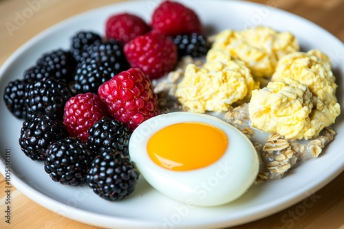 A well-rounded breakfast plate with oatmeal, fresh berries, and a side of scrambled eggs, creating a balanced mix of fiber, protein, and healthy carbs. photo