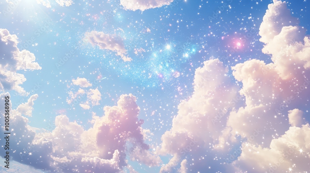 A sky of dreamy pastel clouds with soft sparkles. The tranquil, shimmering scene adds a touch of magic and peace to the atmosphere A sky of dreamy pastel clouds with soft sparkles. The tranquil, shimmering scene adds a touch of magic and peace to the atmosphere