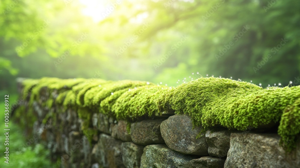 A serene moss-covered stone wall in a lush forest setting, illuminated by soft sunlight. A serene moss-covered stone wall in a lush forest setting, illuminated by soft sunlight.