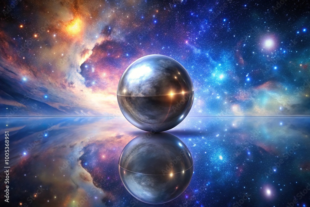 Reflective chrome sphere floating in space with stars and galaxies Reflective chrome sphere floating in space with stars and galaxies