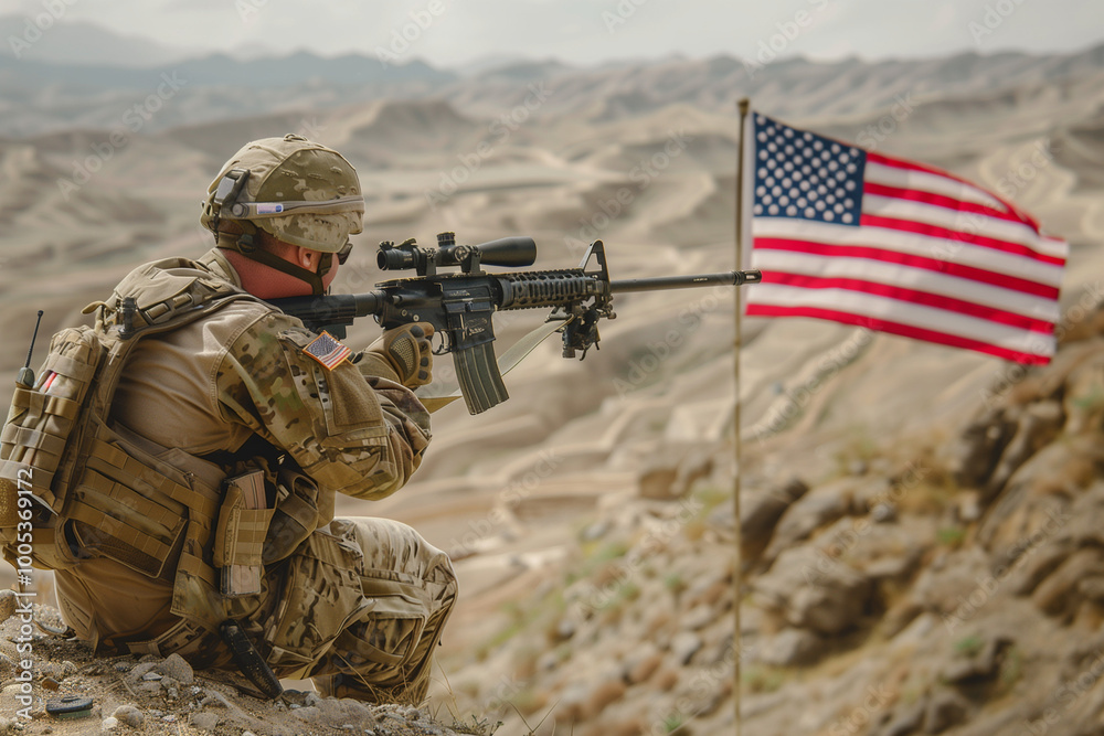 Fototapeta premium Soldier Holding Machine Gun with American National Flag Patriotic Military Hero in Camouflage Displaying USA Pride