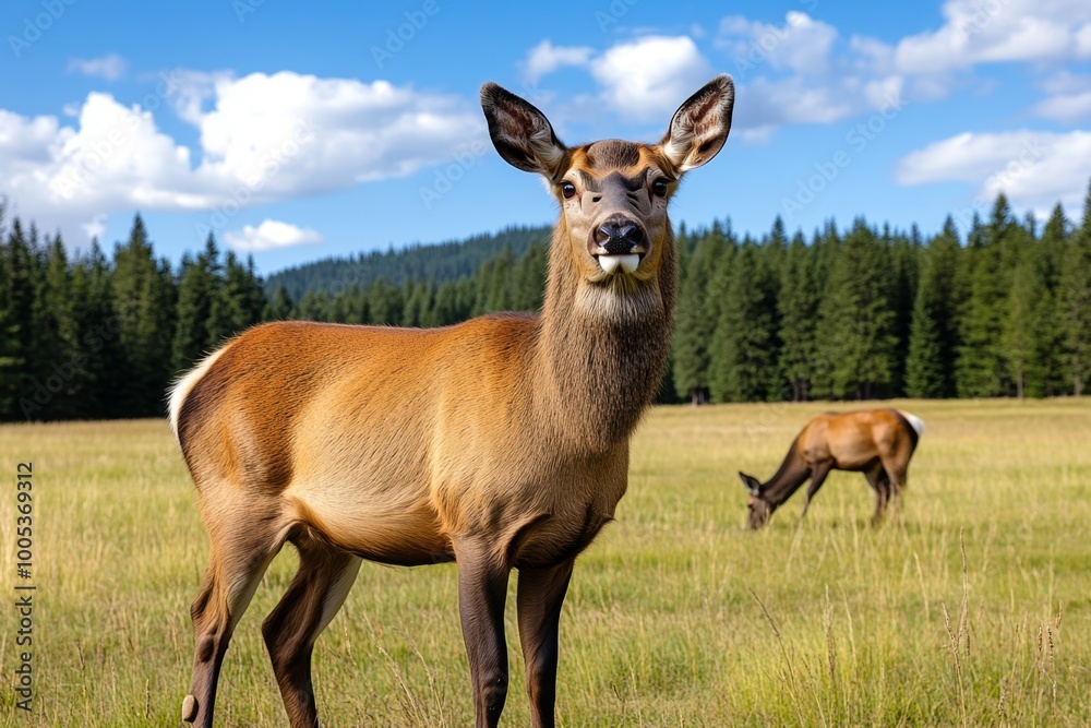 A wildlife scene deep in the wilderness, where deer graze in a clearing surrounded by thick forest, a perfect snapshot of untamed nature. A wildlife scene deep in the wilderness, where deer graze in a clearing surrounded by thick forest, a perfect snapshot of untamed nature.