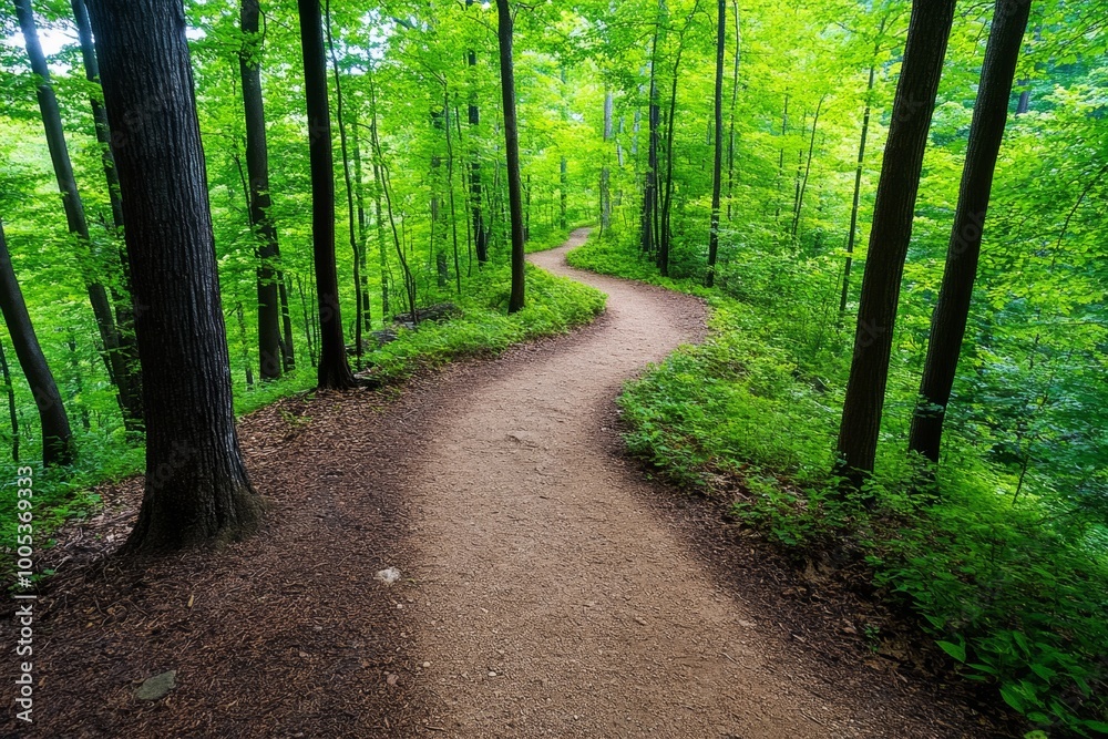 A wilderness trail leading into dense woods, where the path disappears into the trees and the sounds of wildlife fill the air. A wilderness trail leading into dense woods, where the path disappears into the trees and the sounds of wildlife fill the air.