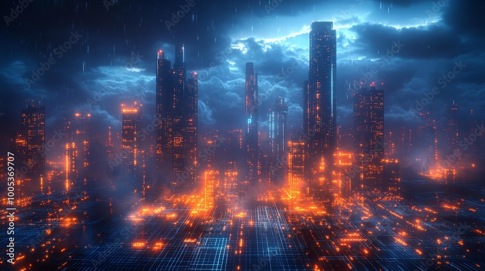 Dark Sci-Fi Cityscape with Glowing Lights and Rain Generative AI Dark Sci-Fi Cityscape with Glowing Lights and Rain Generative AI