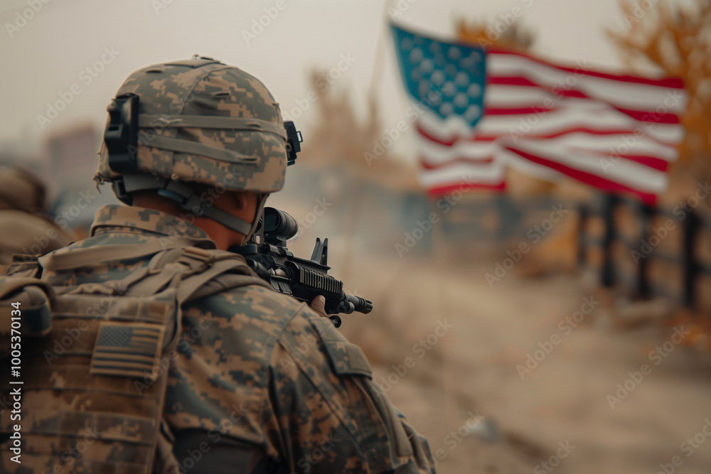 Fototapeta premium Soldier Holding Machine Gun with American National Flag Patriotic Military Hero in Camouflage Displaying USA Pride