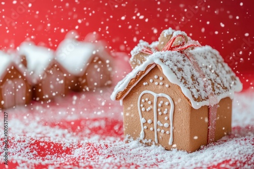 Gift box and gingerbread houses on the red background and snow. Selective focus with generative ai