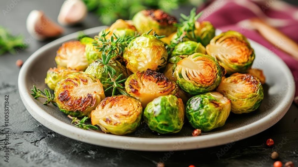 A plate of bitter-tasting Brussels sprouts roasted with balsamic vinegar, garlic, and herbs. A plate of bitter-tasting Brussels sprouts roasted with balsamic vinegar, garlic, and herbs.