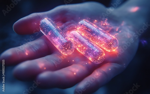 Closeup of a hand with glowing capsules, showcasing a new and revolutionary medicine treatment concept photo