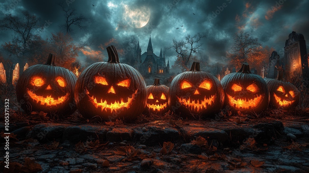 Halloween Jack-o'-Lanterns in Spooky Graveyard Generative AI Halloween Jack-o'-Lanterns in Spooky Graveyard Generative AI