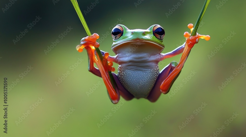 Naklejka premium A playful image of a frog holding onto a blade of grass, looking as though it's swinging like a gymnast.