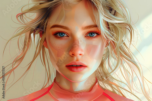 Close-up of a Young Woman's Face with Athletic Wear and Vibrant Colors