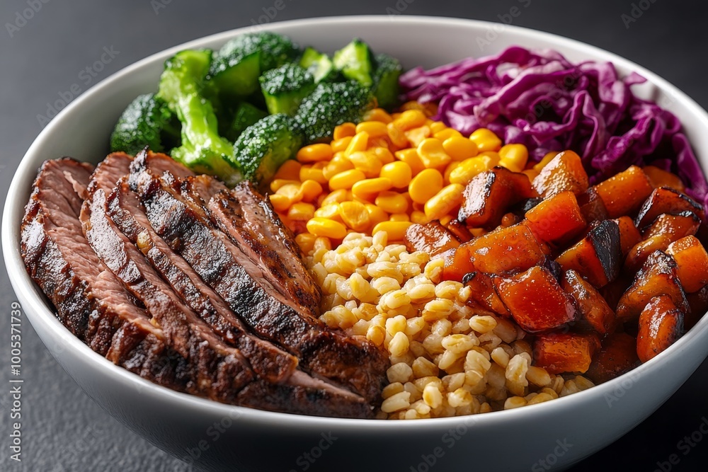 Hyper-realistic view of a balanced lunch bowl, where the grains, vegetables, and proteins are rendered in stunning detail, highlighting a nutritious meal. Hyper-realistic view of a balanced lunch bowl, where the grains, vegetables, and proteins are rendered in stunning detail, highlighting a nutritious meal.