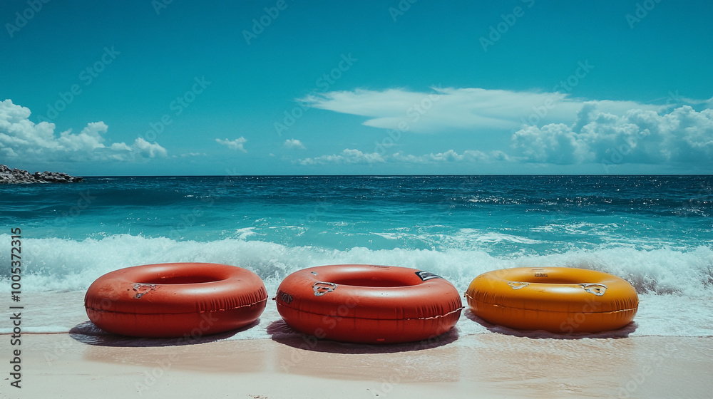 Brightly colored inflatable rings on a sunny beach with clear water and fluffy clouds above Brightly colored inflatable rings on a sunny beach with clear water and fluffy clouds above