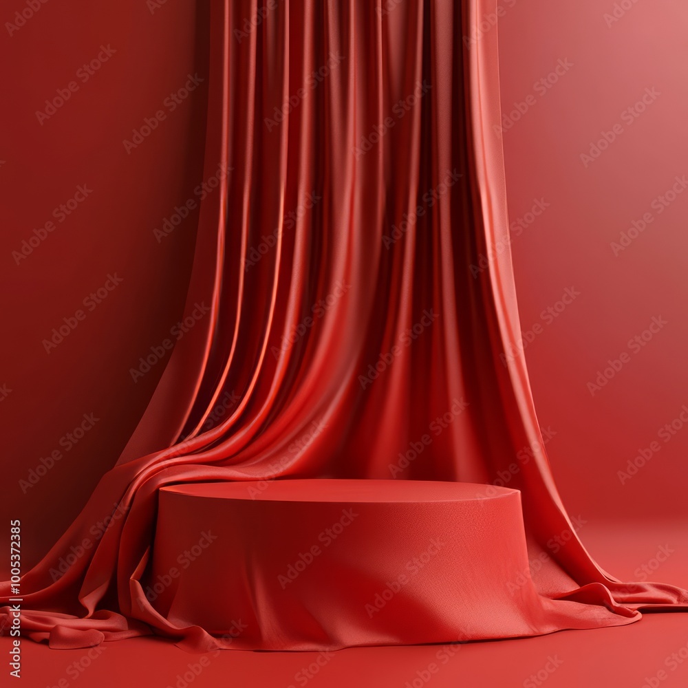 Mockup Red fabric podium for cosmetic or beauty product presentation, Ai generated images Mockup Red fabric podium for cosmetic or beauty product presentation, Ai generated images