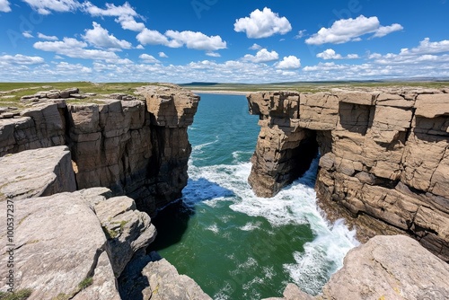 Hyper-realistic view of a wilderness coastline, where the waves crash against the rocks and the cliffs rise dramatically, showing the raw power of nature.