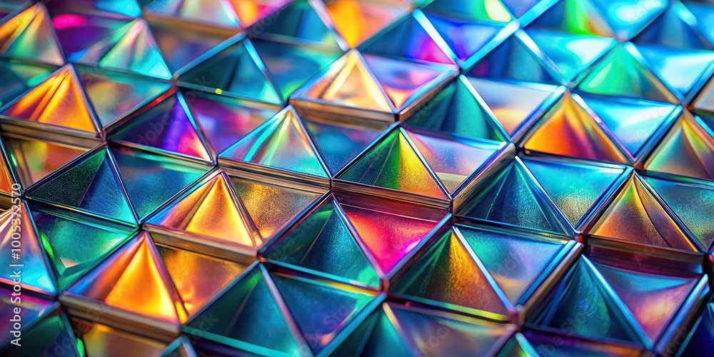Repeating holographic triangles and hexagons in iridescent colors on worm's eye view perspective Repeating holographic triangles and hexagons in iridescent colors on worm's eye view perspective