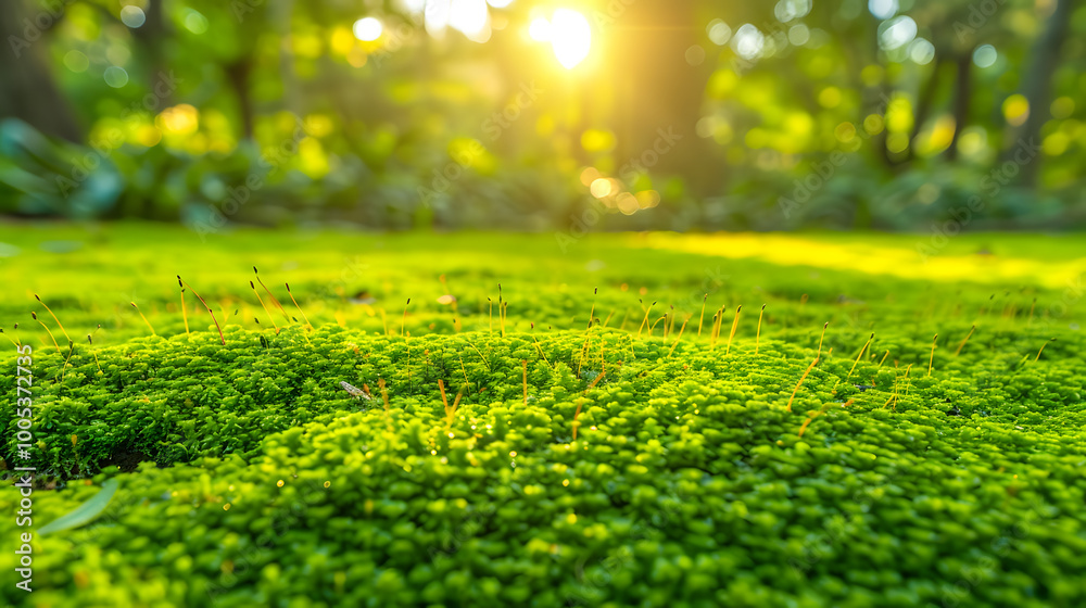 Naklejka premium Bokeh Sunlight Dancing Over Mossy Ground