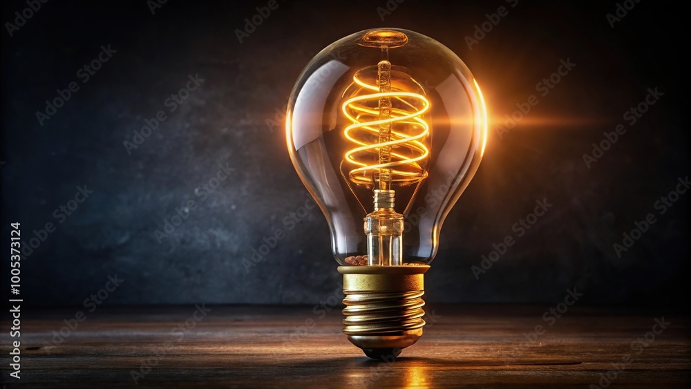 Retro light bulb with glowing spiral on dark background extreme close ...