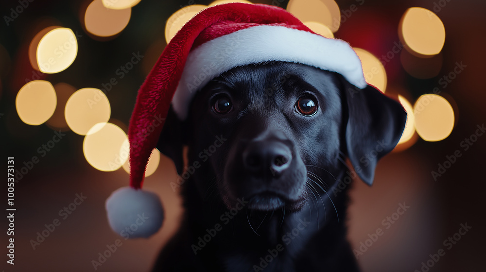 A black dog wearing a red Santa hat A black dog wearing a red Santa hat