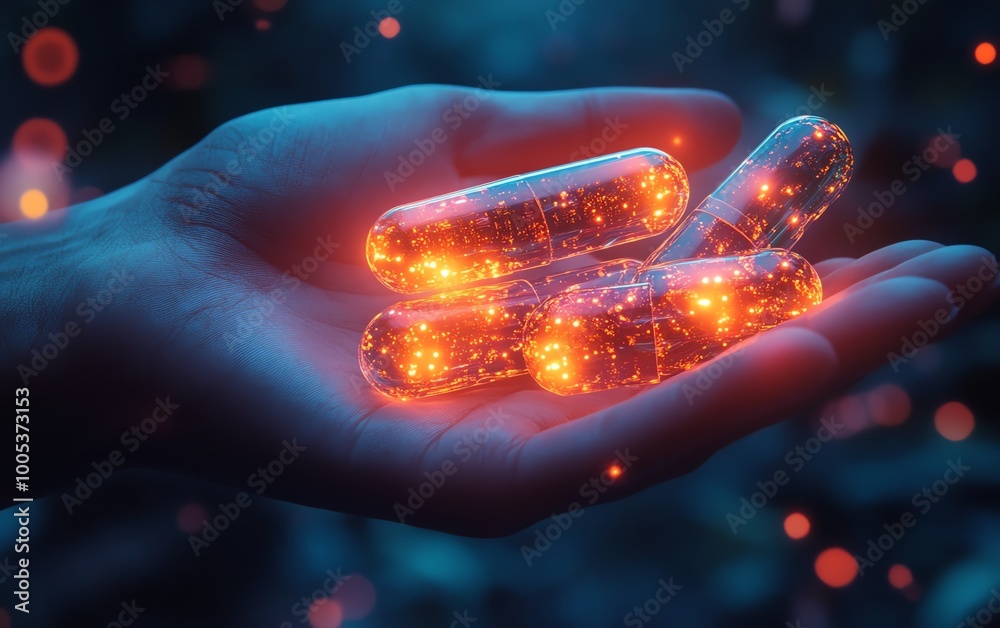 Glowing capsules held in a hand, symbolizing the future of revolutionary medicine treatment and healthcare advancements Glowing capsules held in a hand, symbolizing the future of revolutionary medicine treatment and healthcare advancements