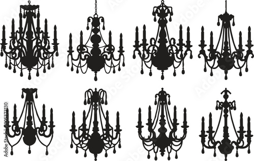 Silhouette illustrations of hanging crystal chandeliers 