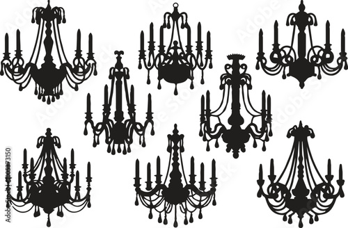 Silhouette illustrations of hanging crystal chandeliers 
