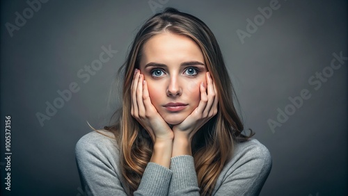 With her hands resting on her face, a young woman gazes into the camera, the serene gray backdrop