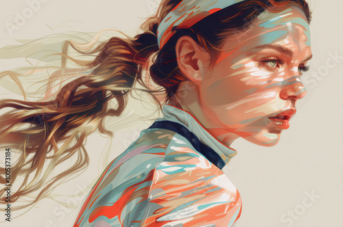 Dynamic Young Woman in Sportswear with Flowing Hair in a Realistic Painting Style