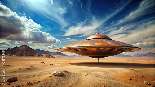 Retrofuturistic desert landscape with stranded rusted flying saucer forced perspective