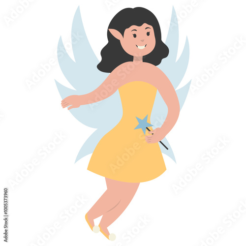 Happy Little Lady Fairy Character. Vector Illustration in Cartoon Style.