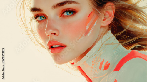 Close-Up Portrait of a Woman in Athletic Wear with Futuristic Digital Art Elements