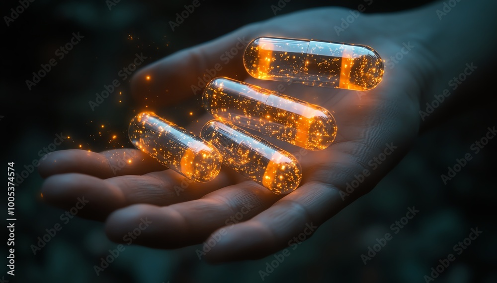 Glowing capsules resting in an outstretched hand, highlighting a revolutionary new medical treatment innovation Glowing capsules resting in an outstretched hand, highlighting a revolutionary new medical treatment innovation
