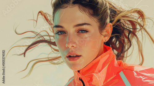 Close-Up Portrait of a Young Female Runner in a Vibrant Jacket with Windswept Hair