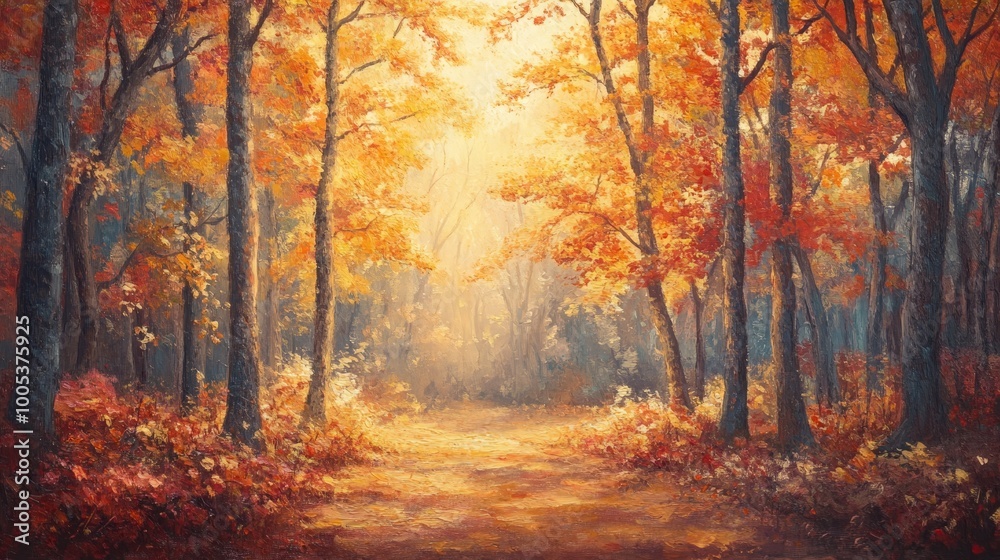 A tranquil forest scene featuring maple trees with their leaves in brilliant autumn shades, casting a warm glow over the woodland landscape A tranquil forest scene featuring maple trees with their leaves in brilliant autumn shades, casting a warm glow over the woodland landscape