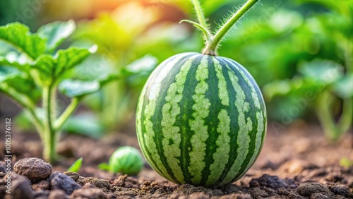 Ripe striped watermelon growing in garden