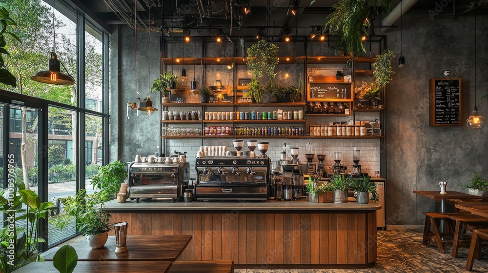 A versatile coffee shop model that seamlessly transitions from day to night, with a morning coffee vibe and a cozy bar atmosphere in the evening
